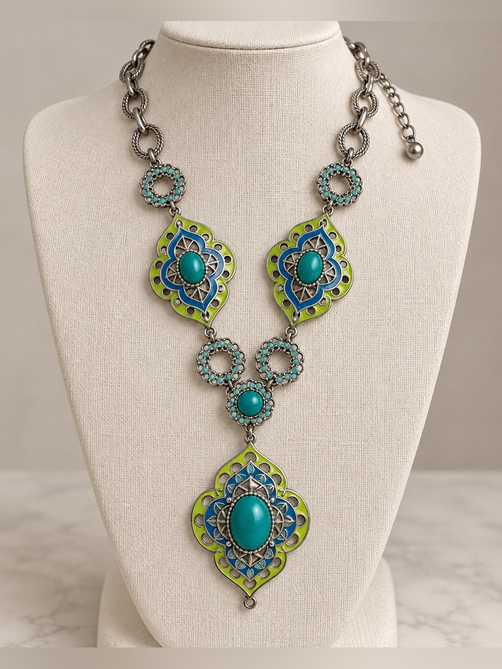 Boho Turquoise Green Enamel Statement Necklace • Adjustable Festival Jewelry